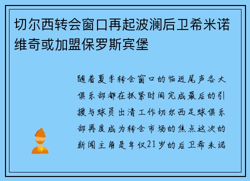 切尔西转会窗口再起波澜后卫希米诺维奇或加盟保罗斯宾堡